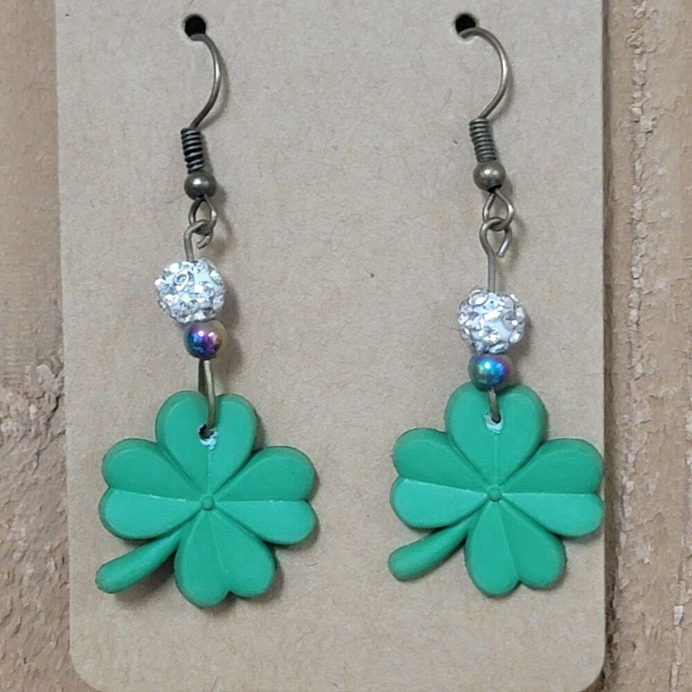Handcrafted Shamrock Earrings St Patrick's Day Irish Green Sparkle Beads